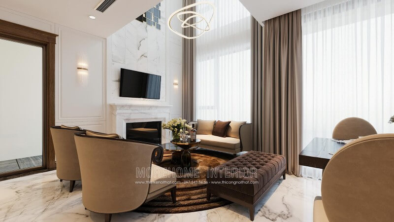 Thiết kế nội thất phòng khách chung cư cao cấp phong cách tân cổ điển sang trọng với từng đường nét, họa tiết vô cùng độc đáo Gợi ý các mẫu thiết kế phòng khách tân cổ điển tiện nghi